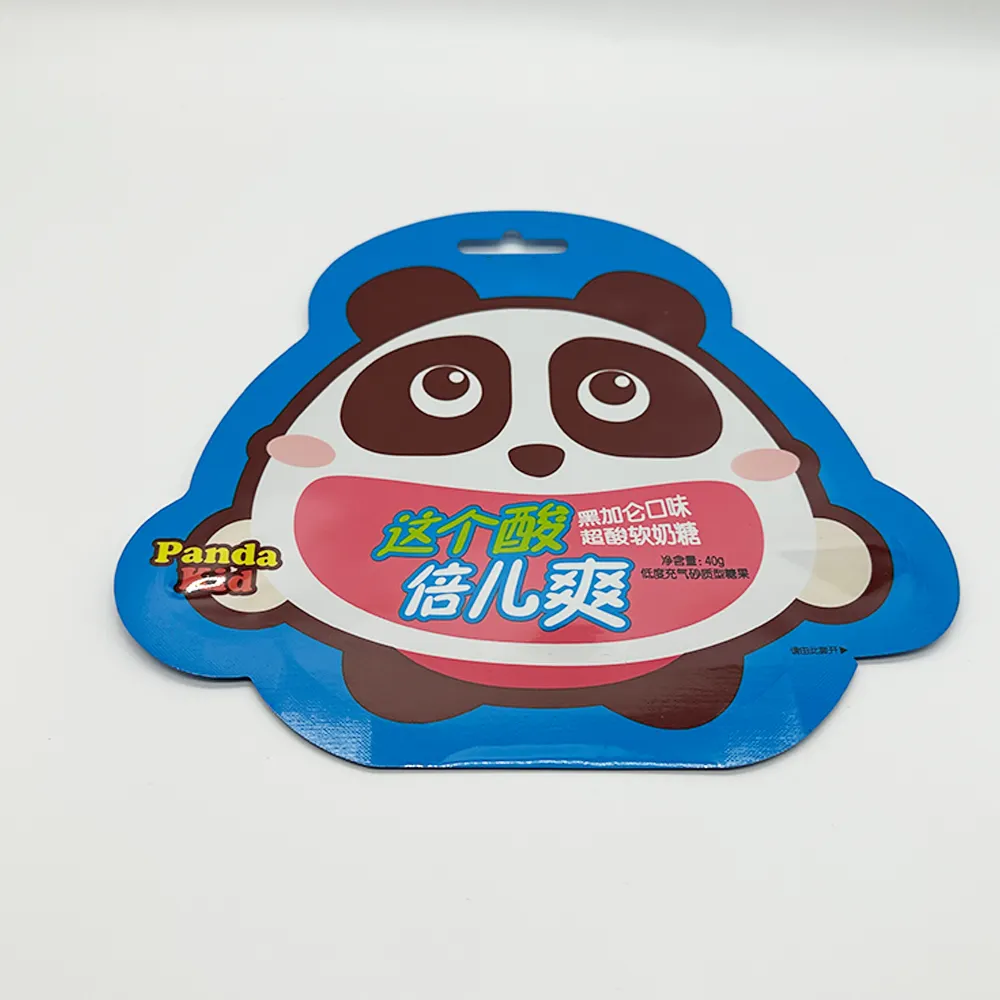 Custom-made irregular-shaped hanging bags for casual candies, panda-shaped gummy candy packaging